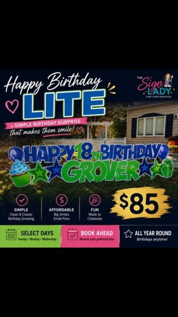 🎉 Simple. Fun. Affordable. 🎉
Meet Happy Birthday LITE — the perfect way to celebrate with a clean, festive yard card display for just $85! 🥳
✨ Select Days
📅 Sunday • Monday • Wednesday
🎈 All Year Round
🗓️ Book Ahead
Big birthday smiles don’t have to come with a big price tag. Let the Sign Lady help make their special day unforgettable! 💙
#HappyBirthday #BirthdayYardCards #BirthdayCelebration #BirthdayFun #signlady dmvyardcards yardcards maryland