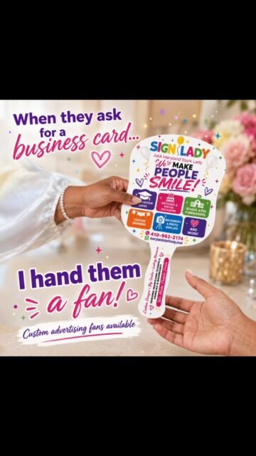 ☀️The Business Card That Keeps You Cool 🌬️
Why hand out a business card when you can hand out something people will actually use? 🌬️ These custom hand fans are perfect for businesses, churches, schools, events, and community organizations. Your design goes on the fan, and your phone number goes right on the handle!
Bulk orders are available for under $100. Message us for details! 💕
#customfans #businessbranding #promotionalitems #churchfans #eventmarketing signlady dmvyardcards yardcards maryland