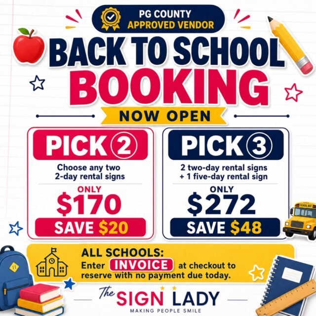 🍎 Back-to-School Smiles Start Here! Book Now!
School leaders and PTAs, booking is officially open! Choose our Pick 2 Bundle for $170 or Pick 3 Bundle for $272 and reserve your important school celebrations early. Enter INVOICE at checkout to book with no payment due today. PG County approved vendor. 🎓📚
#signlady #dmvyardcards #yardcards #maryland #backtoschool schoolspirit PTA schools