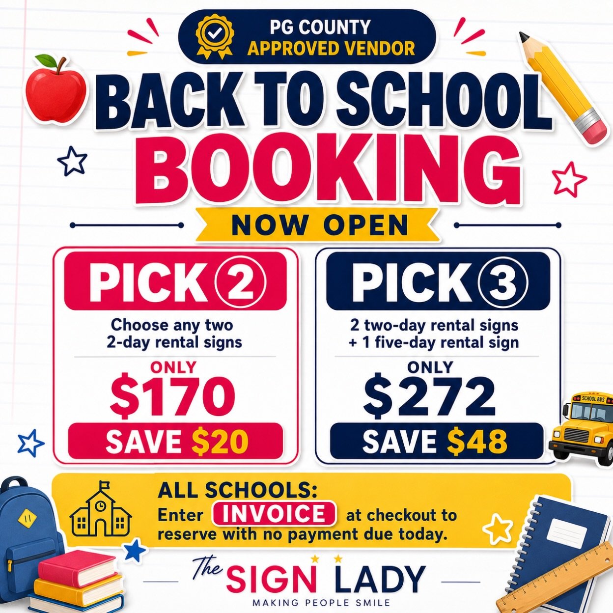 🍎 Back-to-School Smiles Start Here! Book Now!
School leaders and PTAs, booking is officially open! Choose our Pick 2 Bundle for $170 or Pick 3 Bundle for $272 and reserve your important school celebrations early. Enter INVOICE at checkout to book with no payment due today. PG County approved vendor. 🎓📚
#signlady #dmvyardcards #yardcards #maryland #backtoschool schoolspirit PTA schools