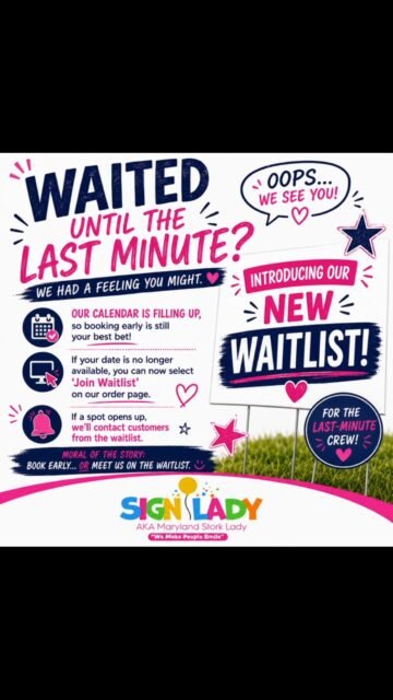 For the Last-Minute Crew 👀😂
Waited until the last minute to order? 👀😂 We had a feeling you might!
Our calendar is filling up, so booking early is still your best bet. But if your preferred date is unavailable, you can now Join the Waitlist and we’ll contact you if a spot opens! 💕
#signlady #dmvyardcards #yardcards #maryland #waitlist bookearly customsigns
