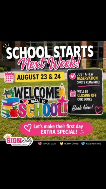 🏫 School Starts Next Week! Waiting list loading😬
We’re getting ready to welcome students and staff back for the new school year! We have just a few reservation spots remaining for August 23–24 before we close our Back-to-School calendar.
Make their first day feel extra special. Feel free to join our waiting list once reservations close. ❤️📚
#BackToSchool #SchoolSpirit #WelcomeBack #signlady #dmvyardcards