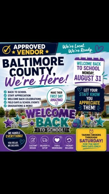 BALTIMORE COUNTY, WE’RE HERE! —Your Turn!🎉
APPROVED VENDOR ✅
Back to school is Monday, August 31! Let your teachers and staff know just how much you appreciate them with a custom Welcome Back yard card display. 💜📚
We’re taking Baltimore County school orders through Saturday — just TWO DAYS left!
#BackToSchool #BaltimoreCountySchools #StaffAppreciation #SchoolSpirit #signlady dmvyardcards yardcards maryland