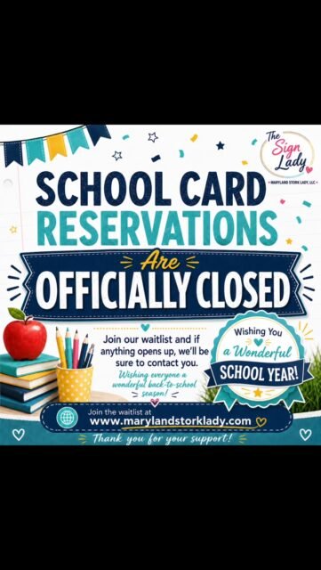 🎒 School Card Reservations Are Officially Closed! 🎉
We’re officially booked for Back-to-School School Cards! 💕 If you missed your chance, you can still join our waitlist. If an opening becomes available, we’ll reach out.
Wishing all of our schools, staff, students, and families an amazing school year! 📚✏️
#BackToSchool #SchoolSpirit #SchoolYardCards #signlady #dmvyardcards yardcards maryland