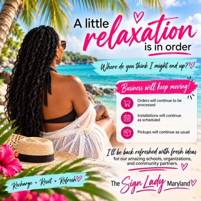 🌴 A little recharge is in order but business will continue❤️
The Sign Lady is taking a short break to rest, reset, and come back refreshed with new ideas for the fall season. 💕
In the meantime, business is still moving — orders, scheduled installations, and pickups will continue as planned. I’m excited about everything ahead with our schools, organizations, and community partners! ✨
#signlady #dmvyardcards #yardcards #maryland #schoolspirit smallbusinessowner fallprojects recharge